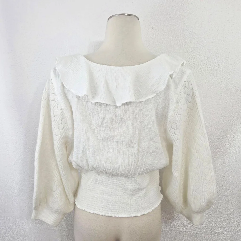 Free People Billie Sweater Top ivory white ruffle smocked peasant women's medium